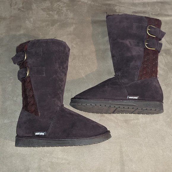 Muk Luks Red / Brown Double Strap Sweater Pattern Cable Knit Boots - Picture 2 of 5